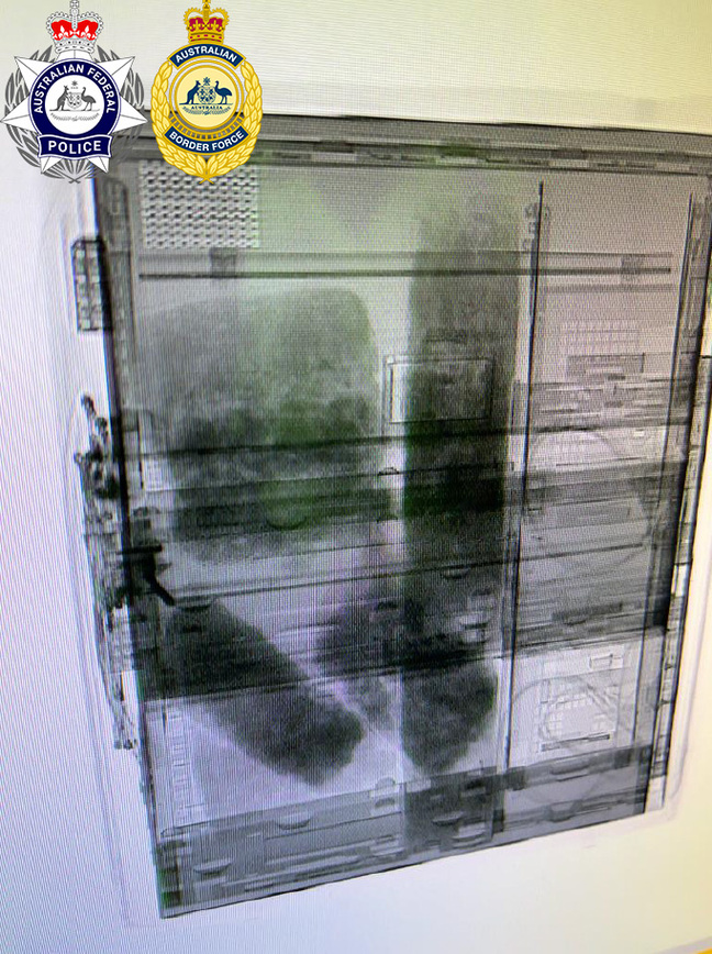 X-ray of PC allegedly containing methamphetamine. Image: Australian Federal Police and Australian Border Force. X-ray of PC allegedly containing methamphetamine. Image: Australian Federal Police and Australian Border Force.