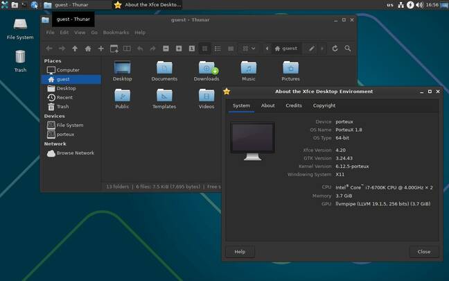 The latest Xfce on PorteuX, showing additional system info and lots more toolbar buttons in Thunar The latest Xfce on PorteuX, showing additional system info and lots more toolbar buttons in Thunar