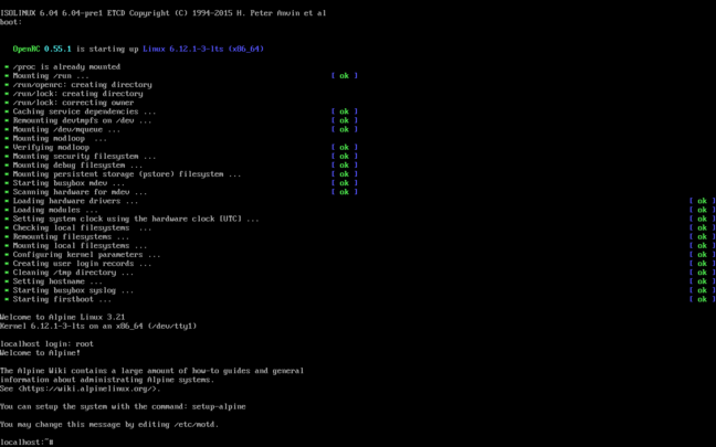 Welcome to Alpine! No flashy boot screens here – but prepare to be surprised how fast it gets to this point. Welcome to Alpine! No flashy boot screens here – but prepare to be surprised how fast it gets to this point.