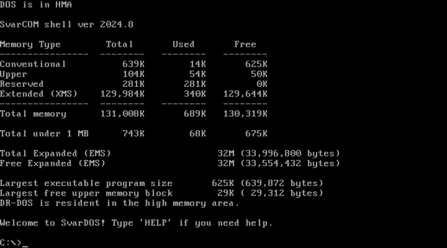 It's DOS. Who will ever need more than 640kB? But SvarDOS leaves a lot of that free for use. It's DOS. Who will ever need more than 640kB? But SvarDOS leaves a lot of that free for use.